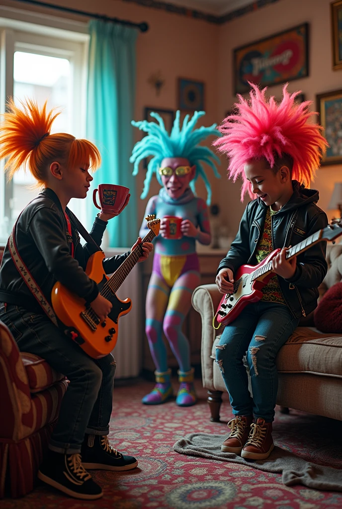 Two punk agers, an alien in a musical battle , and a woman with glasses sitting on the living room couch watching them