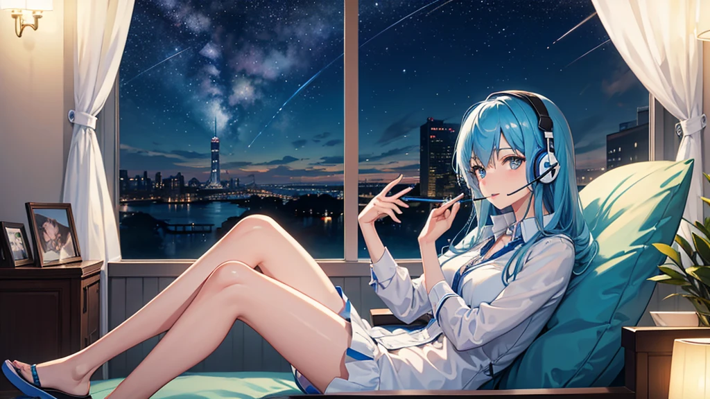 shooting star By the window Woman relaxing with a headset Blue Hair Beautiful night view