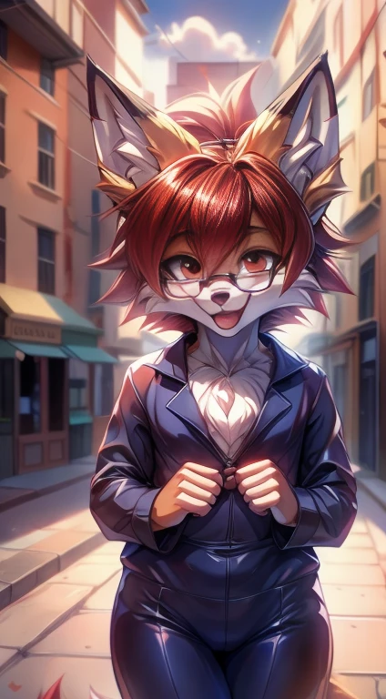 fox furry girl with short red hair, fluffy hair shy, beautiful red eyes, wearing glasses, very fluffy tail, small chest, bow in hair, , happy , happy mouth, young body, Good girl, wearing a sexy bodysuit , leaning over, walking in the streets, being adorable, proud girl, wanting to be loved,