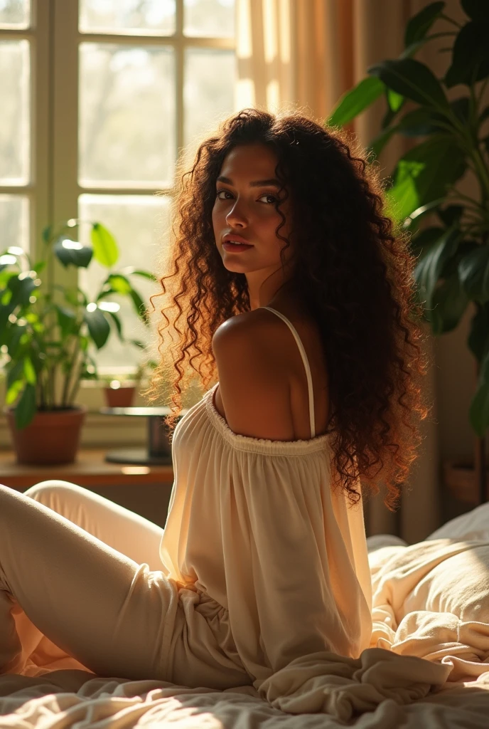 (photorealism:1.2), beautiful woman, sitting on bed, wearing loose off-shoulder top, pajama pants, long curly hair, indoors, soft lighting, plants in background, window with sunlight, cozy room, relaxed pose, realistic, intricate details, warm colors, by Greg Rutkowski, by Alphonse Mucha
