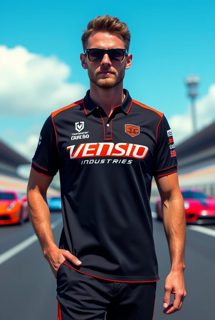 create racing crue polo shirt with VENSIO INDUSTRIES logo letters on it