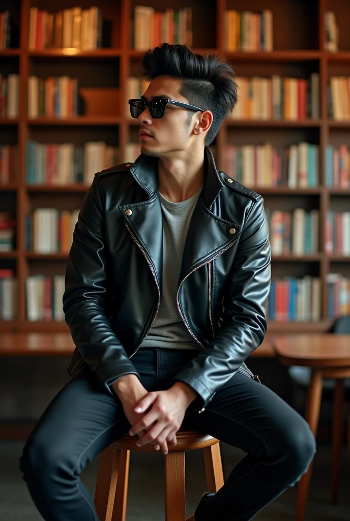 A 25 years old boy wearing black leather jacket and black t shirt looking left side sitting on the stool and behind there's a book shelf beardless boy and perfectly comb hair with black sun glasses