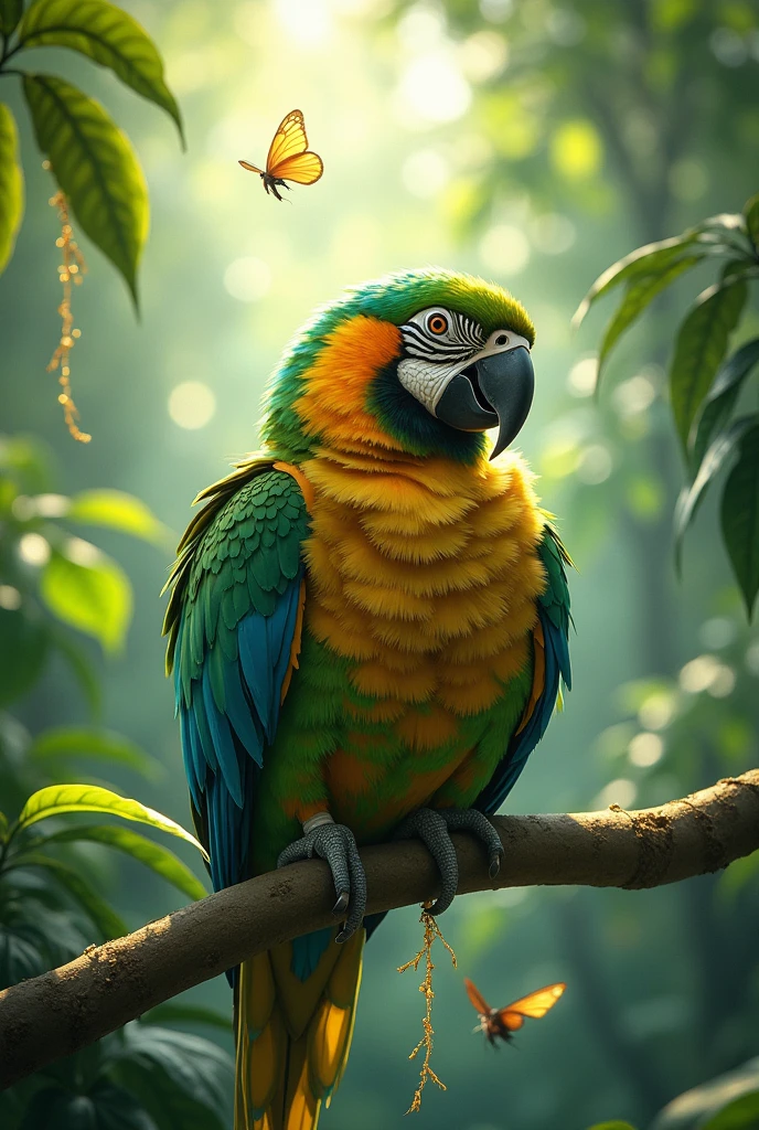 A parrot dressed in ragged anime style clothes