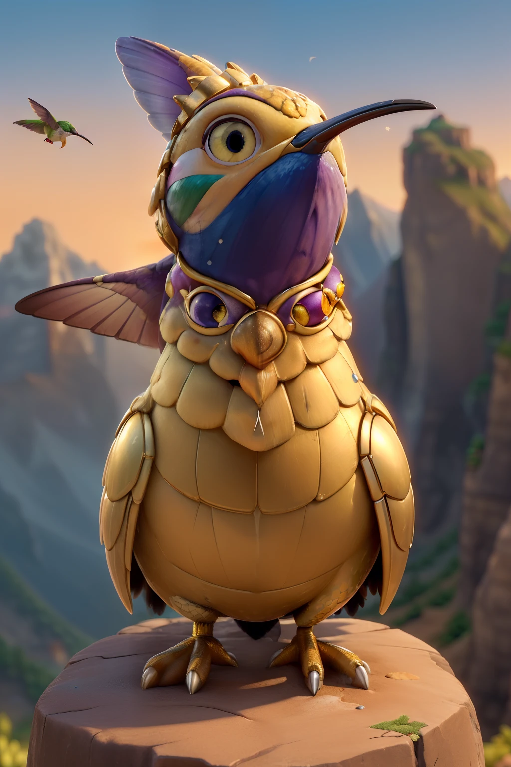 (Close-up of a majestic masterpiece:1.5)0.9], (Strong and united hummingbird:1.2), (Detailed golden armor:1.1), (Perched on top of an epic mountain:1.2), (Landscape at dusk:1.0), (Radiant light around the hummingbird:1.1), (Epic scenery symbolizing unity and determination:1.0)