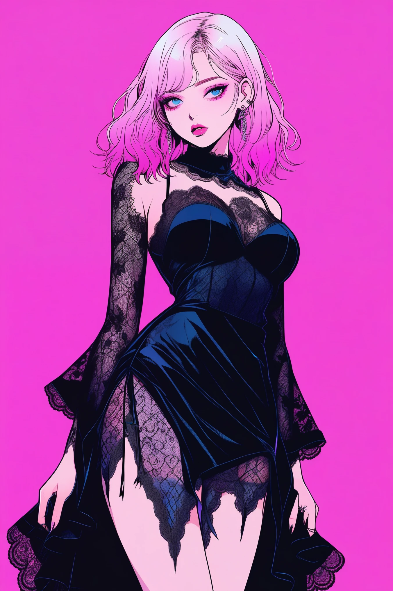 Illustrator, anime , Realistic ,sketch , 1 person, model, lip, A translucent gothic black mini dress with lots of lace, lace blindfold, lace eye covered, lace black blindfold, order, Blue and pink gradient background, Neon colored short hair, Big Breasts, upper body, look back, Sexy look, Sexy pose, Texture Trim, Russia, (masterpiece,Highest quality)