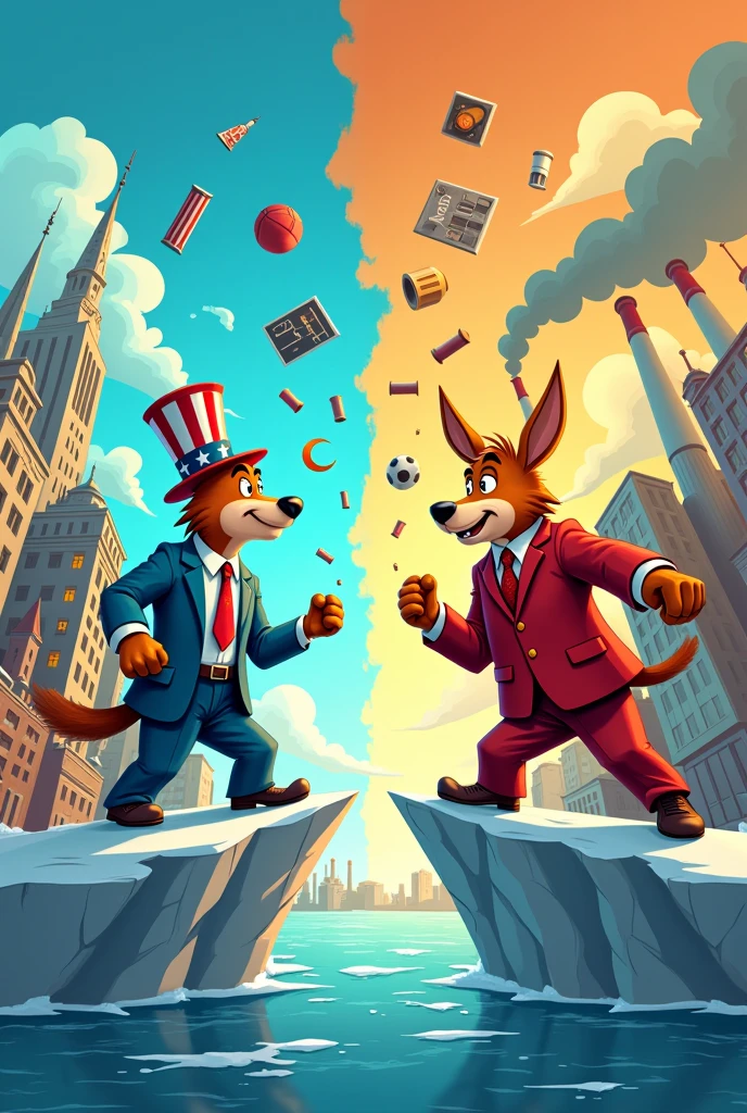 Create a cartoon about the Cold War, containing ideologies of the USA and the USSR, their two quarreled Do this without any speech, letters or words