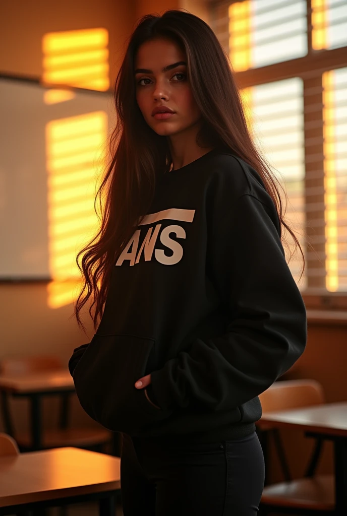 ((best quality)) ((masterpiece)) ((photorealistic)) A Latina girl with long brown hair and black eyes has her hands in the pockets of a black Vans sweatshirt and tight black leggings that highlight her perfect round ass. She is in a classroom during the afternoon at sunset where the sun's rays are coming through the blinds. She is standing sideways.