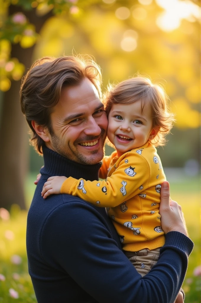 (best quality,highres),father and son wearing orange shirts,smiling,blurred background,warm lighting,lush greenery,soft focus,joyful expressions,beautiful bond,playful atmosphere,authentic emotion,memorable moment,sunny day,vibrant colors,happy faces,warm family connection