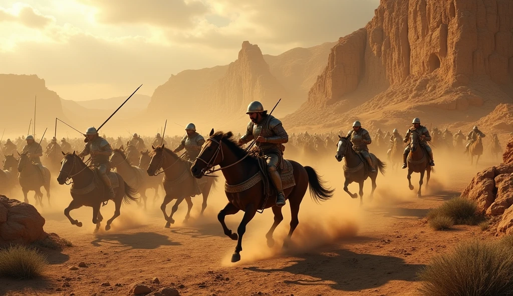 biblical history: shows an aerial image of the Ammonites and Syrians running on horses losing the battle
