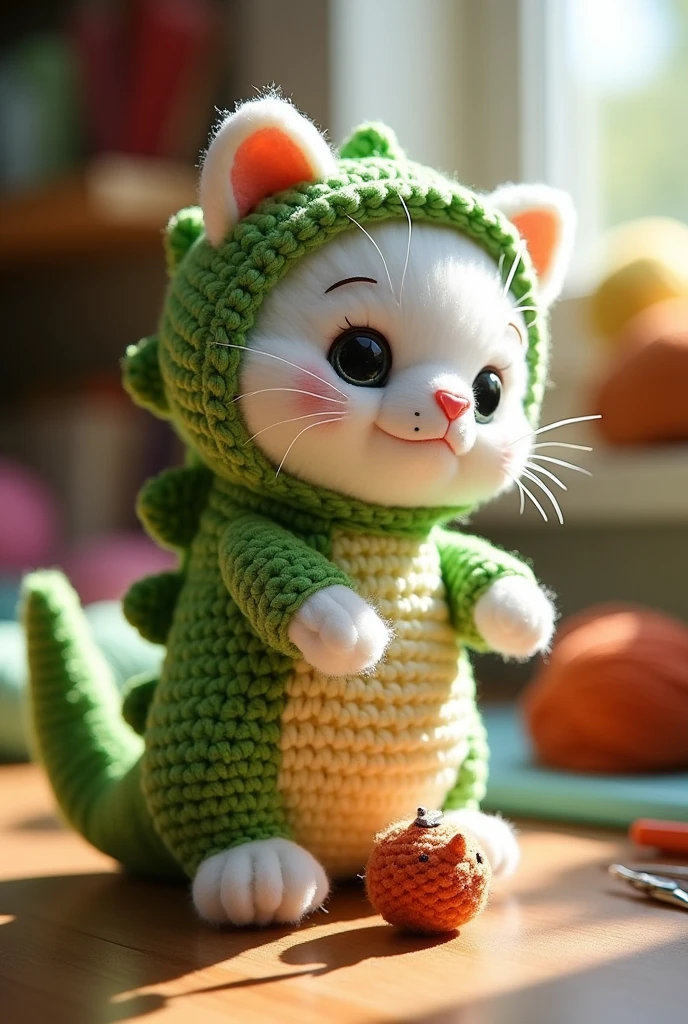 Create an image using the amigurumi technique of a cat dressed as a dinosaur