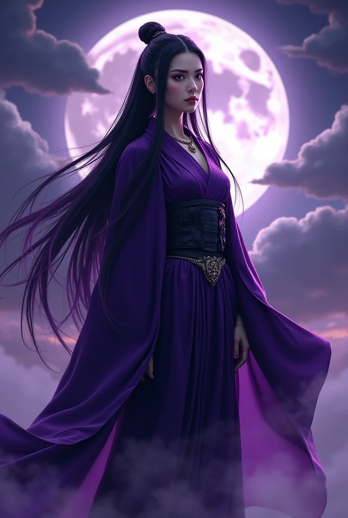 Powerful Gourgeous Japanese woman in dark purple outfit, long purple-black hair, violet eyes, with a stern expression, she is powerful and it shows.