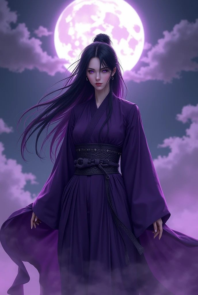 Powerful Gourgeous Japanese woman in dark purple outfit, long purple-black hair, violet eyes, with a stern expression, she is powerful and it shows.