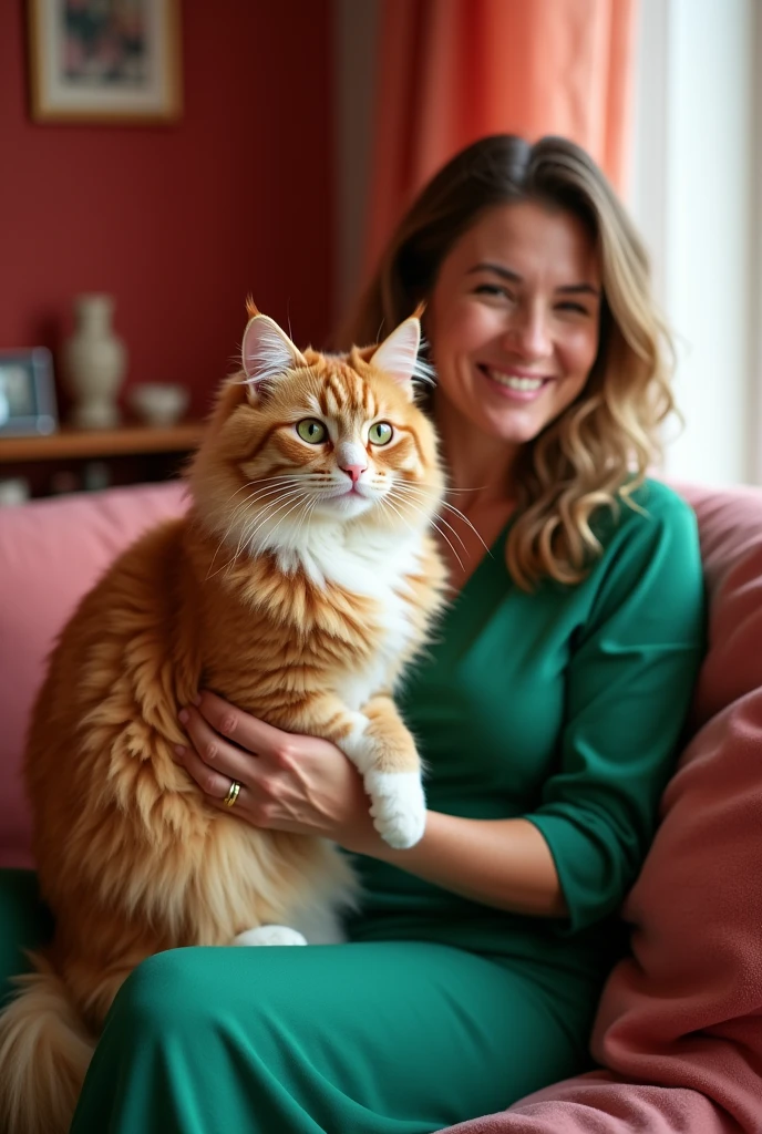 A photo of an orange cat with white paws and green eyes, sitting on the lap of its female owner in her mid-30s wearing a bright emerald-green dress, holding onto one end of a red handlebar. The background is a vibrant living room filled with warm colors like deep coral pink and rich burgundy hues. This scene captures their moment together