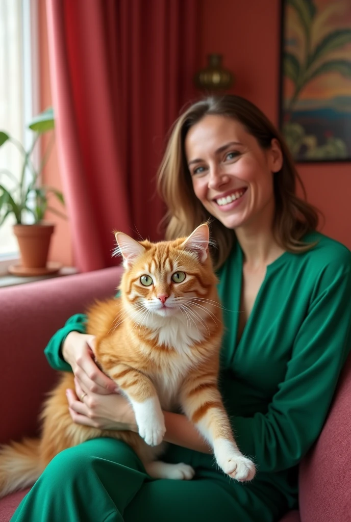 A photo of an orange cat with white paws and green eyes, sitting on the lap of its female owner in her mid-30s wearing a bright emerald-green dress, holding onto one end of a red handlebar. The background is a vibrant living room filled with warm colors like deep coral pink and rich burgundy hues. This scene captures their moment together