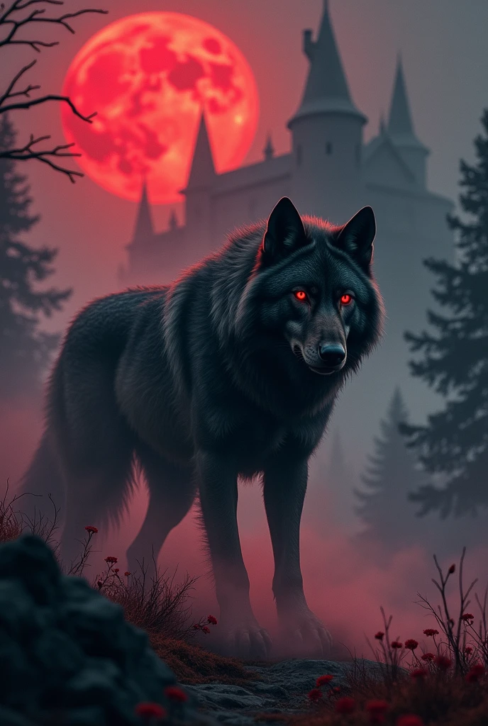 Create a dark-themed image featuring an angry wolf with a menacing expression, using a dominant color scheme of red and black. The wolf should be the focal point, with deep, shadowy fur and glowing red eyes. Add subtle Norse runes on the wolf's fur or scattered around the environment, glowing faintly with a red hue. Surround the wolf with a thick, eerie mist, tinted dark red, enhancing the menacing atmosphere. In the background, place a large, full moon with a blood-red tint, casting an ominous light over the scene. Partially reveal a Dracula-like castle with tall spires, blending into the dark and misty environment. The overall mood should be dark, mysterious, and foreboding, with everything seamlessly integrated and dominated by the red and black color scheme.