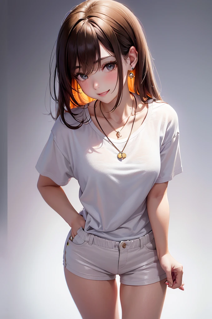 Best Quality,High resolution,8k,(plain white background, no patterns, no textures, just a plain white background:1.3),Masterpiece:1.2),beautiful girl,Shiny brown hair,messy hair,Brown eyes,oversized graphic tee with a cheerful design, paired with high-waisted shorts in a light, colorful cotton fabric with a subtle pattern, casual sneakers with a pop of color, Accessories include a playful pendant necklace and colorful stud earrings,Gentle look,A refreshing look,smile,Best quality,Best Quality,Aesthetic and aesthetic:1.2,Best details((Super detailed))(High-definition CG illustrations),Slender body,smile,blush,cute,Scrounge,Looking up,Being spoiled,super model
