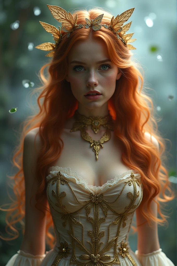 (solo, full body photo:1.3), (action packed:1.3), (haze, fog, mist:1.3), chiaroscuro, best quality, photorealistic, 1woman, (cute), (24yo:1.2), redhead, long ginger hair highly detailed, 1700'S, digital photography, art by artgerm and ruan jia and greg rutkowski surreal painting gold butterfly filigree, broken glass, (masterpiece, sidelighting, finely detailed Fashionable eyes: 1.2) (perfect oval large eyes that gazes at the viewer), beautiful detailed face, blue gorgeous perfect eyes, (blonde hair ponytail), (attractive young woman:1.3), (thick amazing hair), (seductive:1.1), (blushing:1.1)