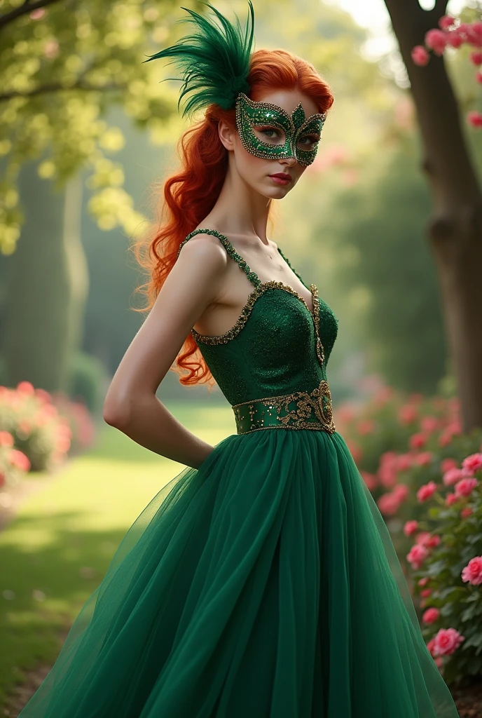 Red-haired woman in long, flared green dress and mask ,fully body