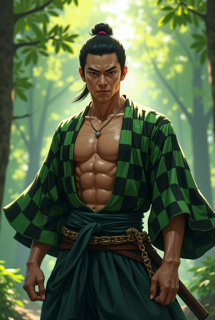 tanjiro with no shirt tied up and sweaty