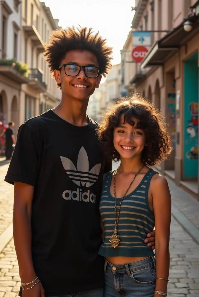 Tall curly dark boy, wears glasses and a black Adidas shirt, a white girl with short brown wavy hair and bangs has a beautiful bracelet and smile 