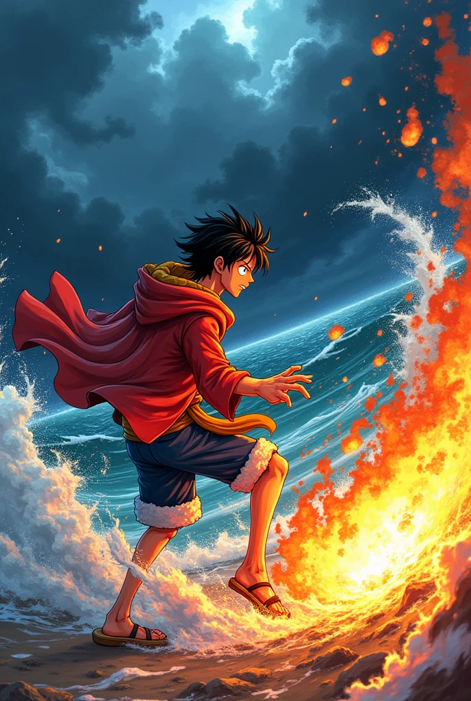 Son of Luffy and Nami  using the powers of distortion against Akainu  