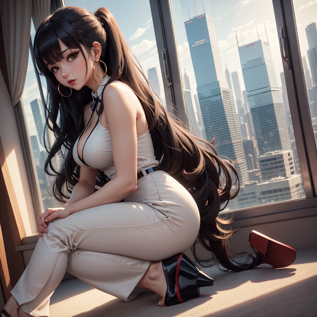 Anime girl in tuxedo suite, ankle high pants, high heels, red lipstick, hoop earrings, long pony tail hair, japanese style bangs cut. in skyscaper tower. Background- room's corner should be in middle, right side of background- luxury bet, beige mattress, gray wall white light. Left side of background- window, window outside scene- other skyscrapers, building e.g. time- night. Art style should be japnese anime- rascals does not dreem about bunny girl sempai, my dress up darling e.g.