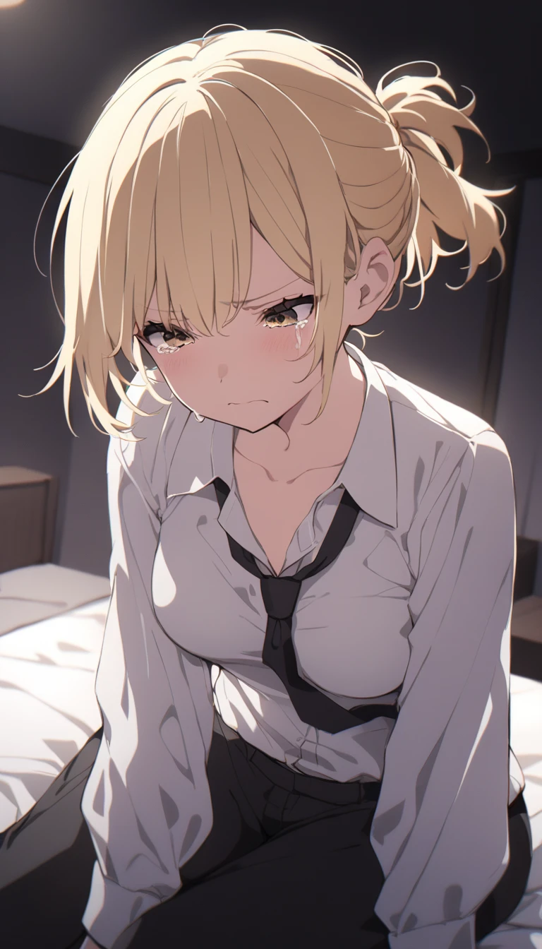 nsfw,(Petite),(A cute boy),blonde low twintails,lips,(Chest Voyeur),Sweat,White Breath,Audience peering from above,On all fours,uniform