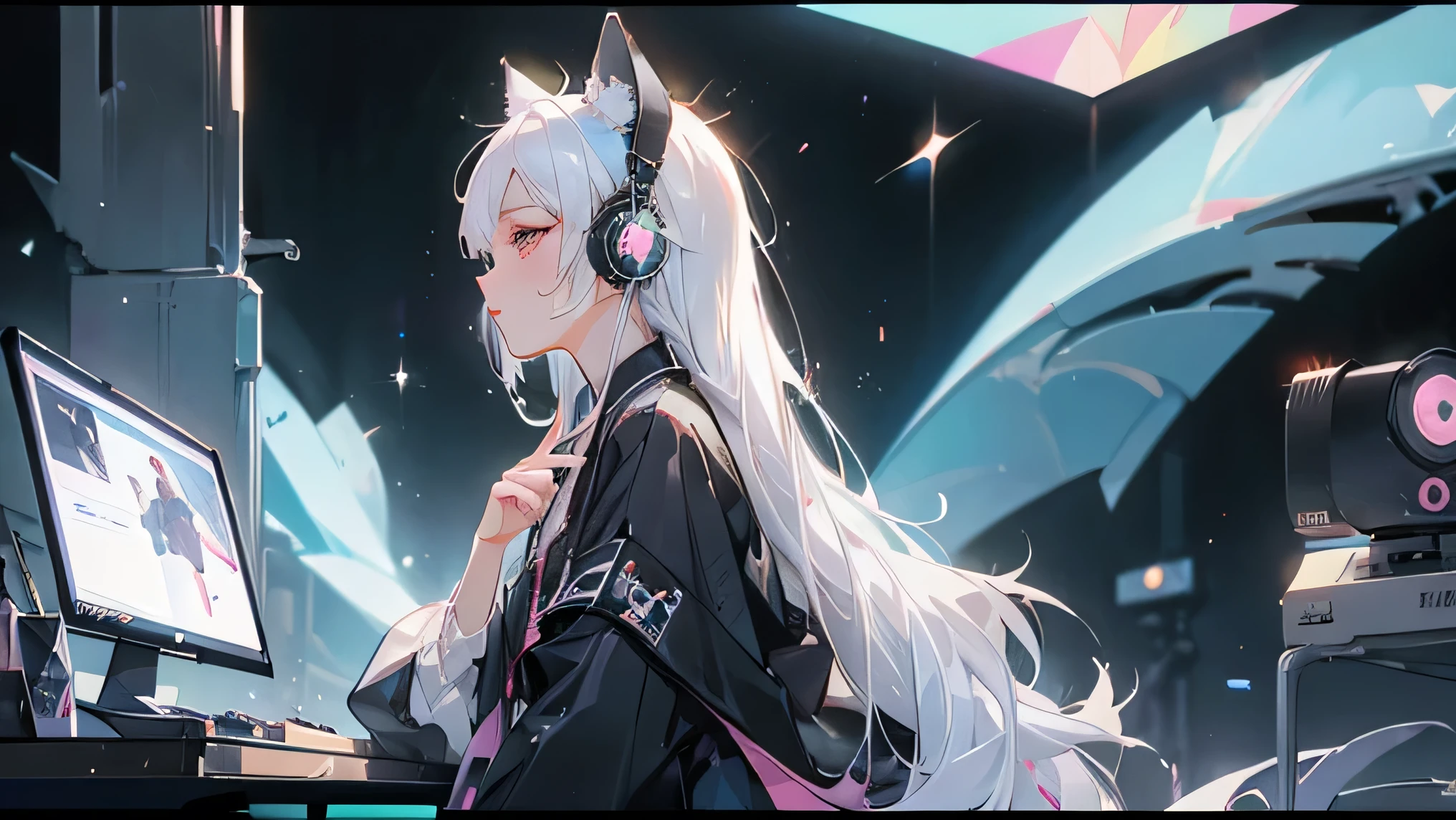 Distributor、Cat ear headphones、monitor、profile、beautiful girl、prism、Condenser microphone、White Hair、electronic sound