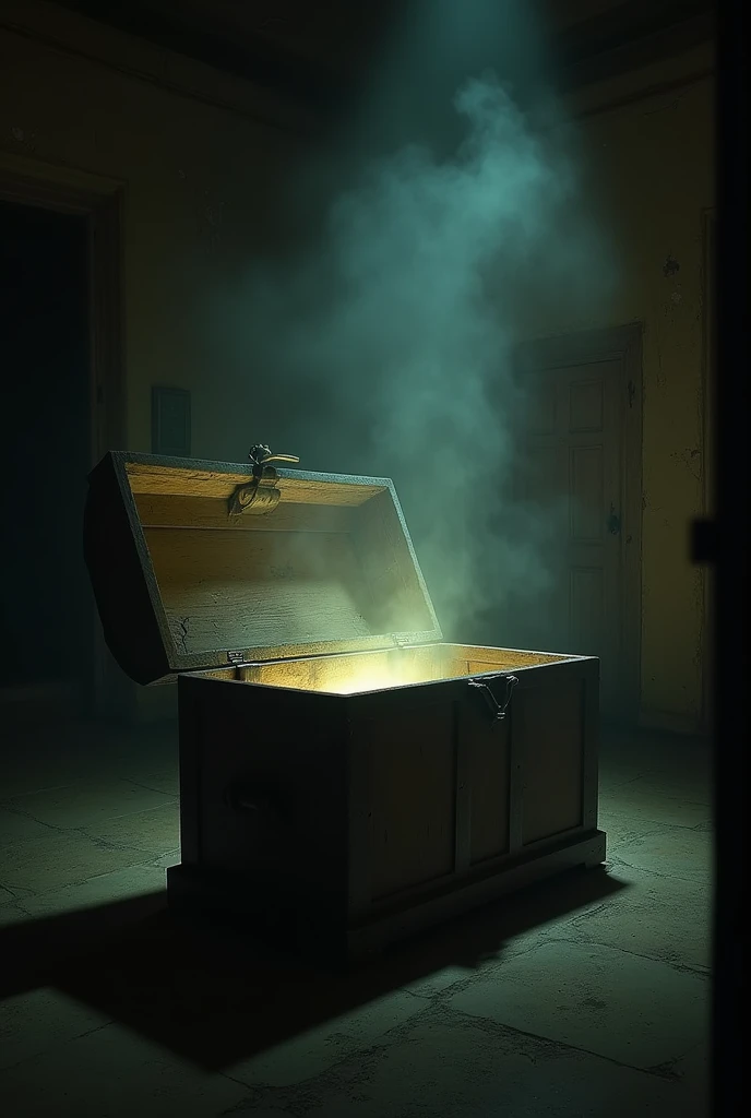 [Scene 4: The Old Chest Opening on Its Own]
Prompt: An old, wooden chest creaking open on its own in the middle of the haveli’s dark room. Inside, a faint glow can be seen, with a mysterious object barely visible. Farhan is startled, ready to run, while Ahmed looks determined to discover what’s inside
