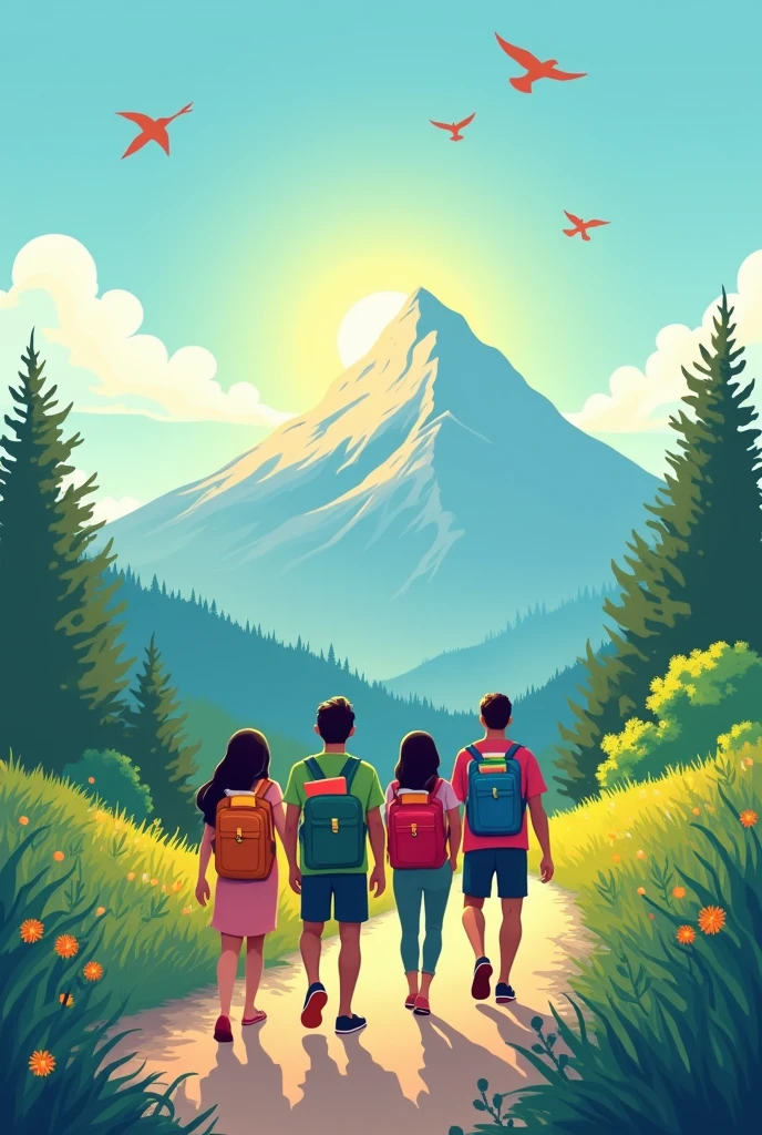 "Draw a scene in a light, illustrative style, with soft, vibrant colors, where a diverse group of people are walking toward a mountain in the background. The direction of walking is from left to right. Each person carries backpacks filled with books , symbolizing a journey of learning and personal development. On the horizon, the sun is rising behind the mountain, creating a warm and inspiring glow, while some birds fly in the clear blue sky. At the top of the image, insert the YouTube logo and a. banner with the words 'Personal Development Journey' in a relaxed and welcoming font style. The setting should convey a sense of progress, hope and teamwork, with lush greenery in the foreground and blue mountains in the background."