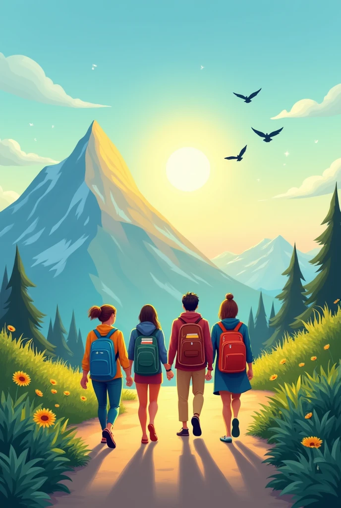 "Draw a scene in a light, illustrative style, with soft, vibrant colors, where a diverse group of people are walking toward a mountain in the background. The direction of walking is from left to right. Each person carries backpacks filled with books , symbolizing a journey of learning and personal development. On the horizon, the sun is rising behind the mountain, creating a warm and inspiring glow, while some birds fly in the clear blue sky. At the top of the image, insert the YouTube logo and a. banner with the words 'Personal Development Journey' in a relaxed and welcoming font style. The setting should convey a sense of progress, hope and teamwork, with lush greenery in the foreground and blue mountains in the background."