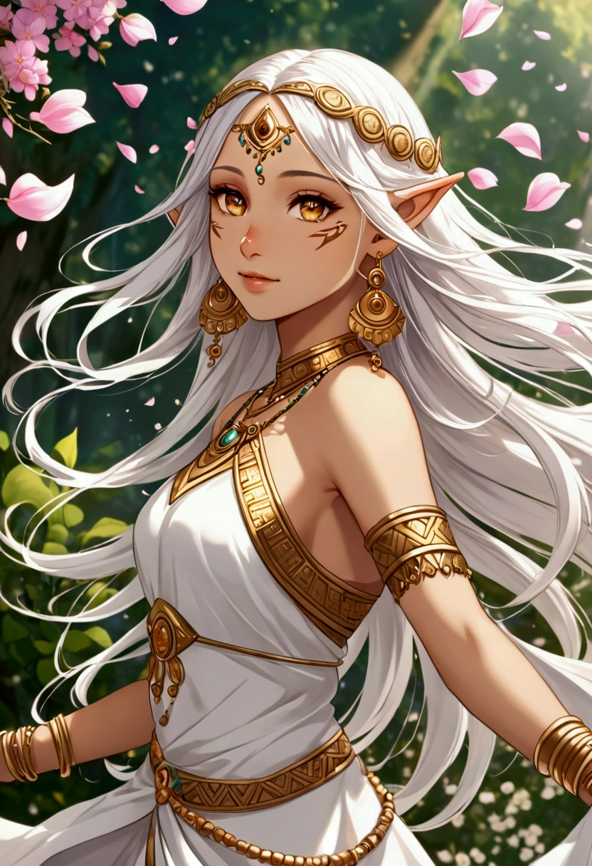 ((best quality))) (((HD))) (((8k))) (character) 20-year-old girl, elf, ((beautiful)) and ((happy)), ((Golden eyes)) light brown eye shadow ((white hair)) and ((long hair)), gold tribal marks on face, many flowers in hair, ((gold septum nose peircing)) ((gold earrings)) tip of ear pierced. ((White dress)) flows in thr wind. Large gold bracelets, large gold anklets ((Tribal princess)) ((Enchanting)) ((mystical)) lures you in. Flower petals blow in wind