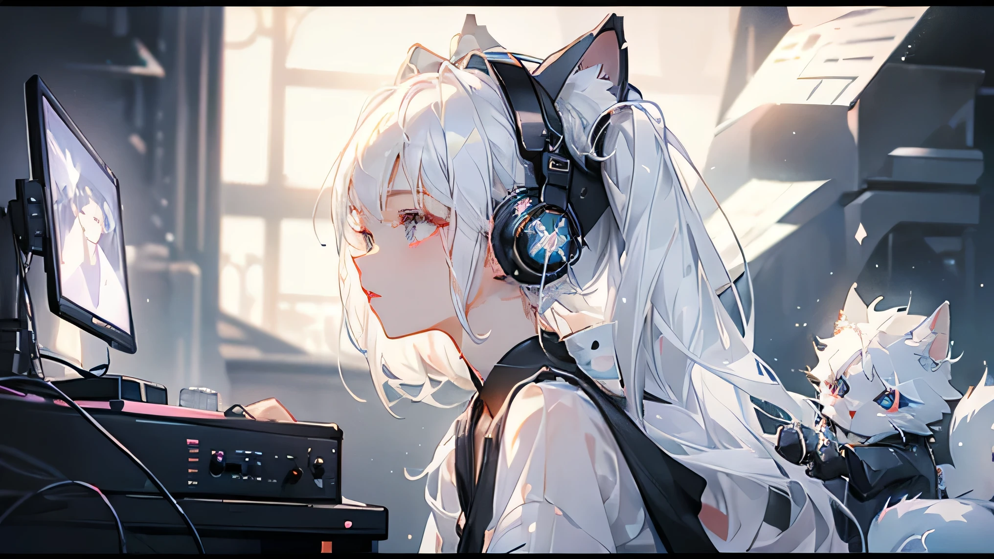 Distributor、Cat ear headphones、monitor、profile、beautiful girl、prism、Condenser microphone、White Hair、electronic sound