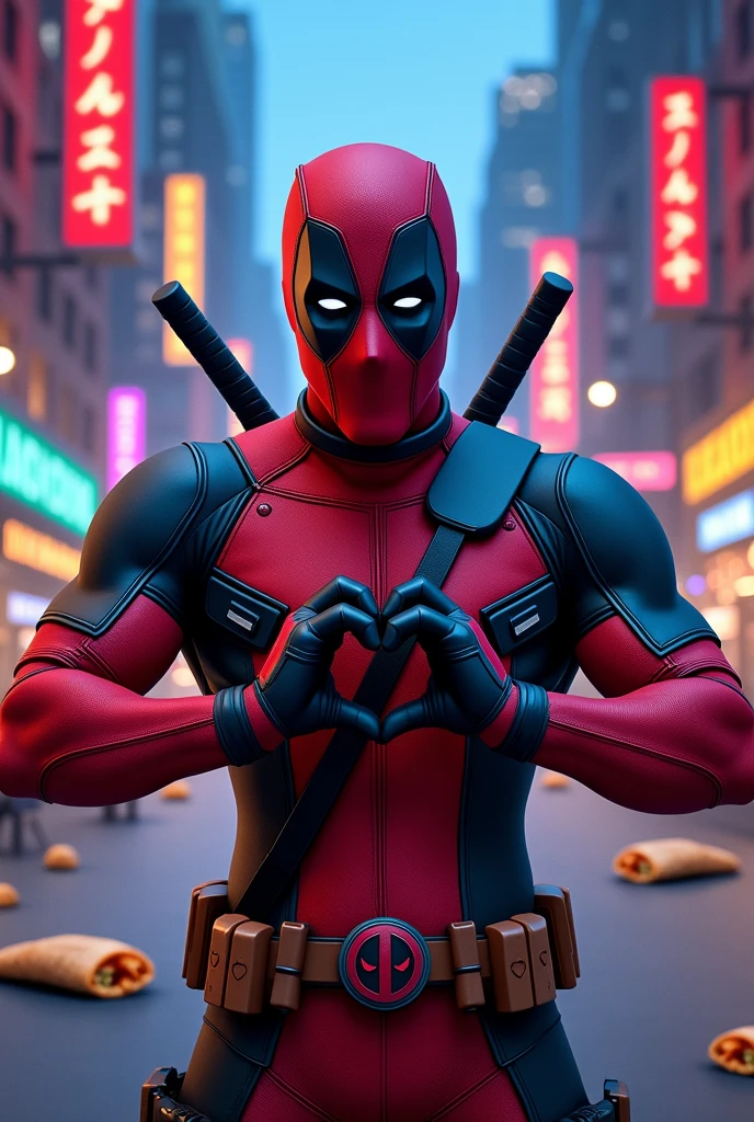 Deadpool doing a heart with his hands