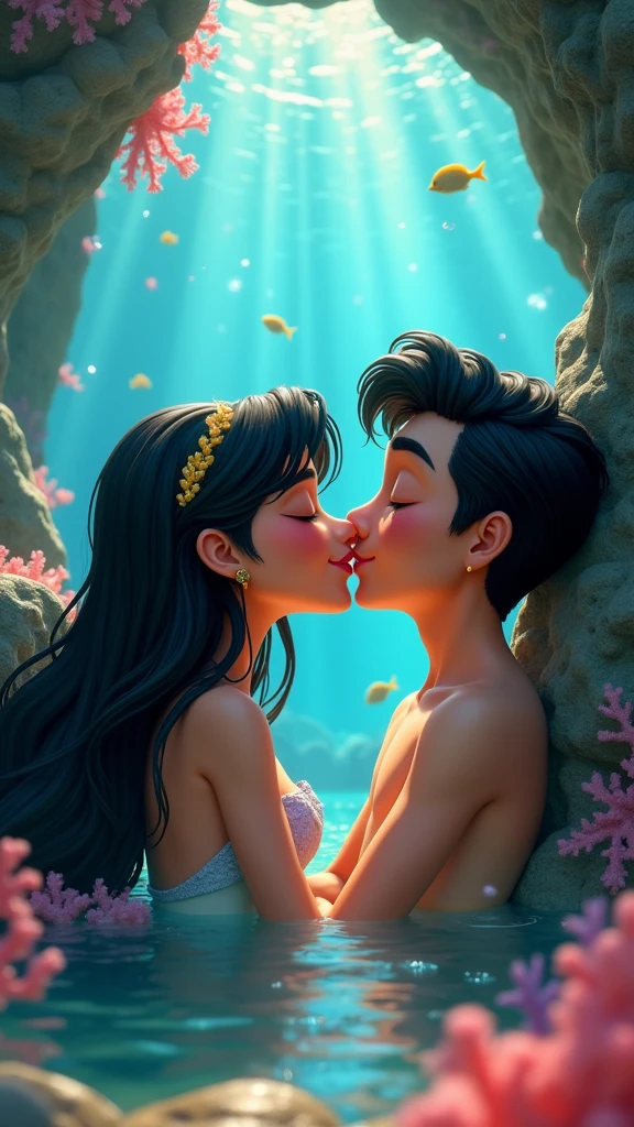 a pixar style couple, be a mermaid, be light brown skinned, have full lips, tilted eyes cabello negro com tranças de ponta loira, and the other is white, profiled nose, shorth hair, tilted eyes, fine tune, pink lips, tthin eyebrows, lying under a rock in the river kissing