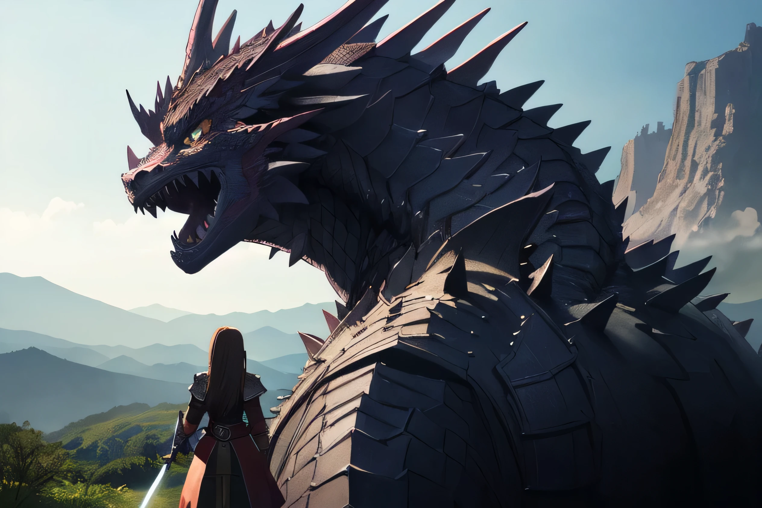 1 girl and dragon, dragon, elf, silver hair, bob cut, braid, red eyes, mini skirt, dragon charmer, concept art, beautiful anime scene, beautiful anime scenery, top rated on pixiv, highest quality, 4K