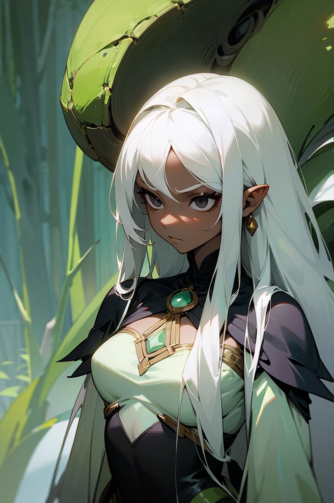 1 girl, dryad, black eyes, long hair, white hair, serious look, slim body, medium bust, good figure, dark skin, clothes made with plants, forest in the background.