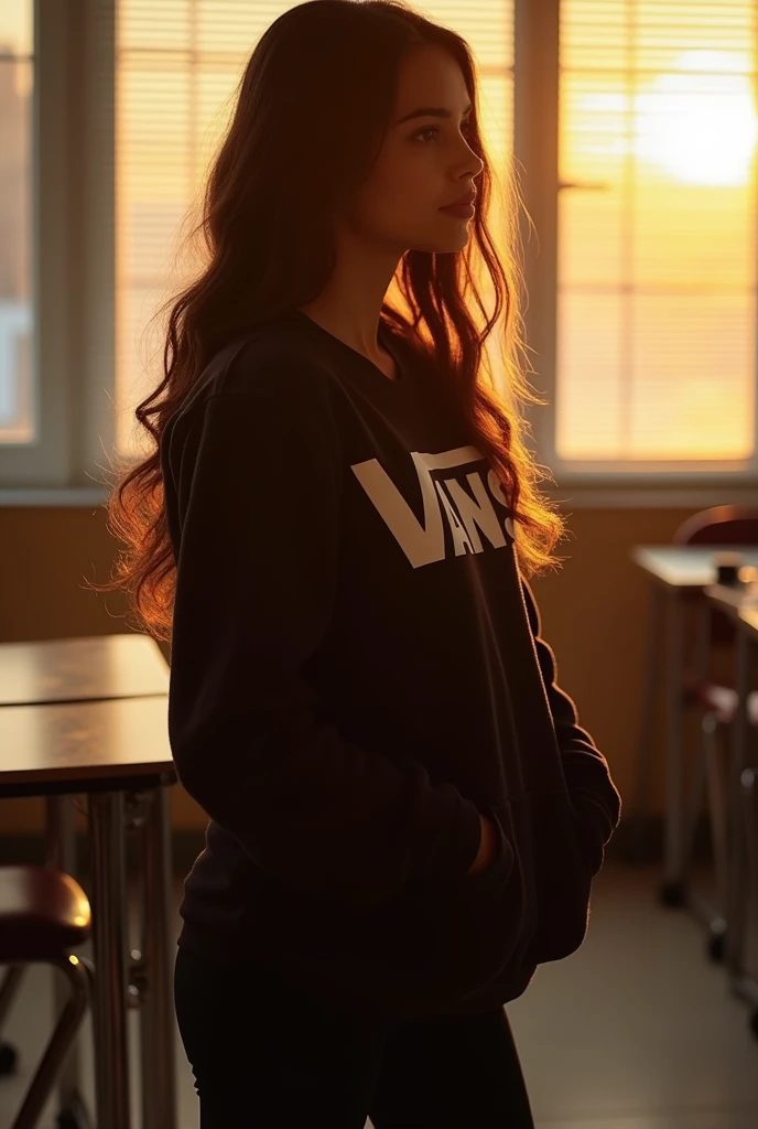 ((best quality)) ((masterpiece)) ((photorealistic)) A Latina girl with long brown hair and black eyes has her hands in the pockets of a black Vans sweatshirt and tight black leggings that highlight her perfect round ass. She is in a classroom during the afternoon at sunset where the sun's rays are coming through the blinds. She is standing sideways. ((highlight on her ass))