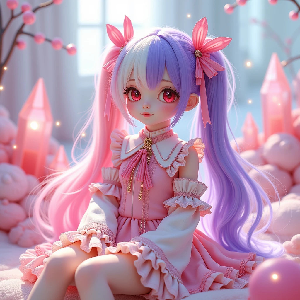 A girl with half-twin hair, some of which is dyed pink and purple, with white hair.。Red eyes and droopy eyes。She wears clothes with lots of frills and ribbons. (((transparent pink crystal hair)))