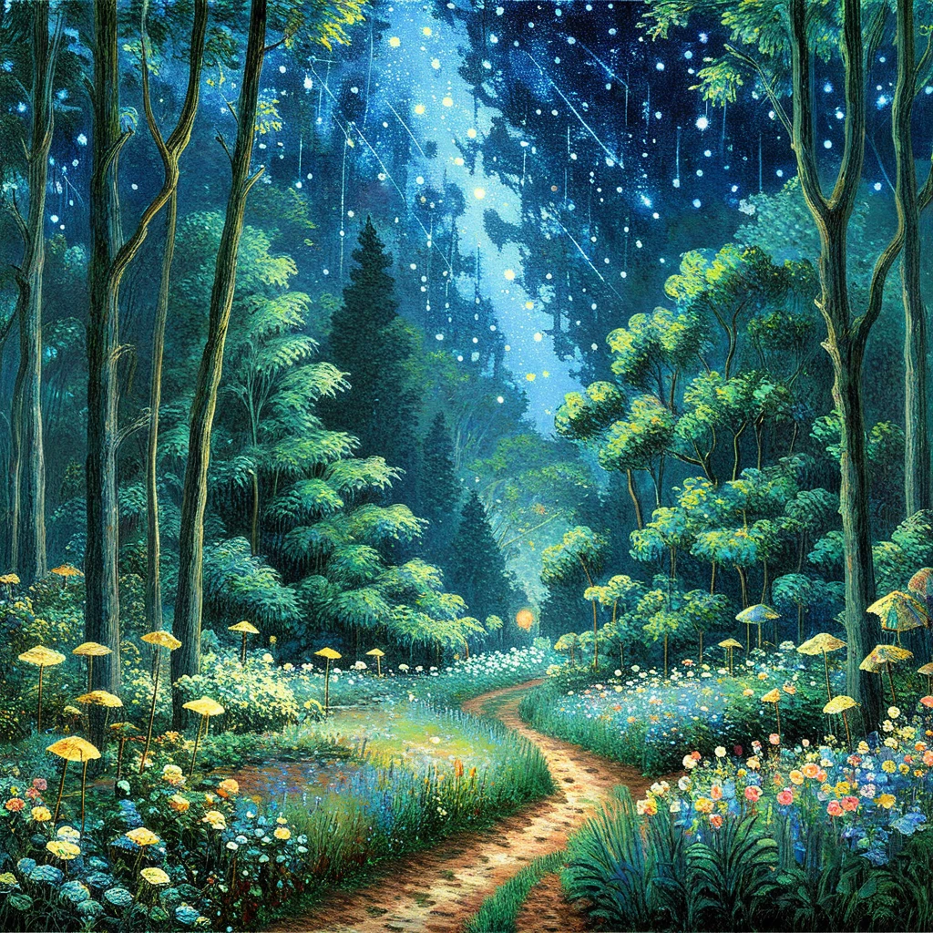 (Claude Monet),forest,night,Meteor Showers ,(landscape、forest details) ,( Solitary),Claude Monet style add beautiful cute little animal on border