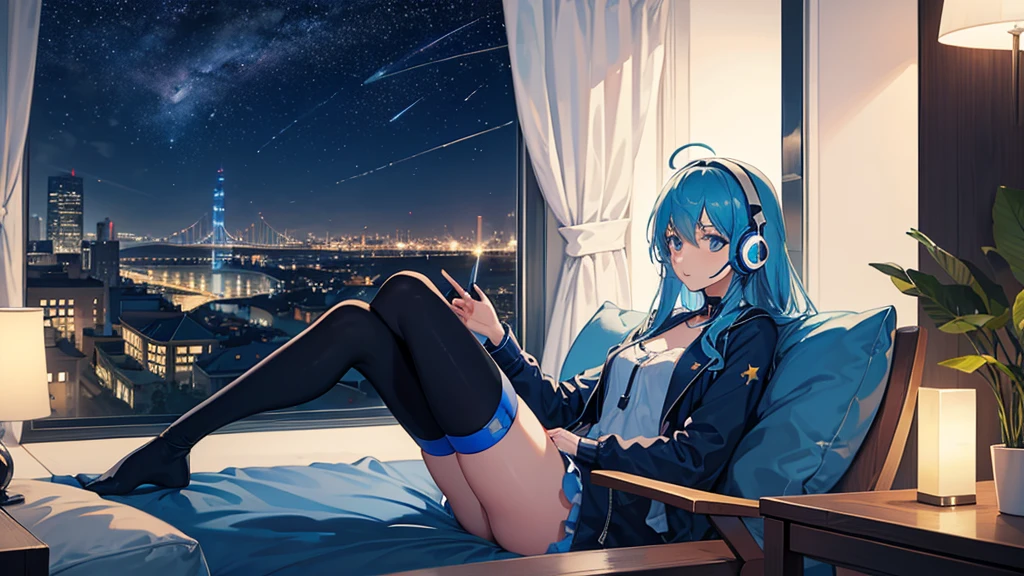 On the sofa with headphones、Work on a desktop computer、Hatsune Miku in a bikini、Beautiful night view outside the window