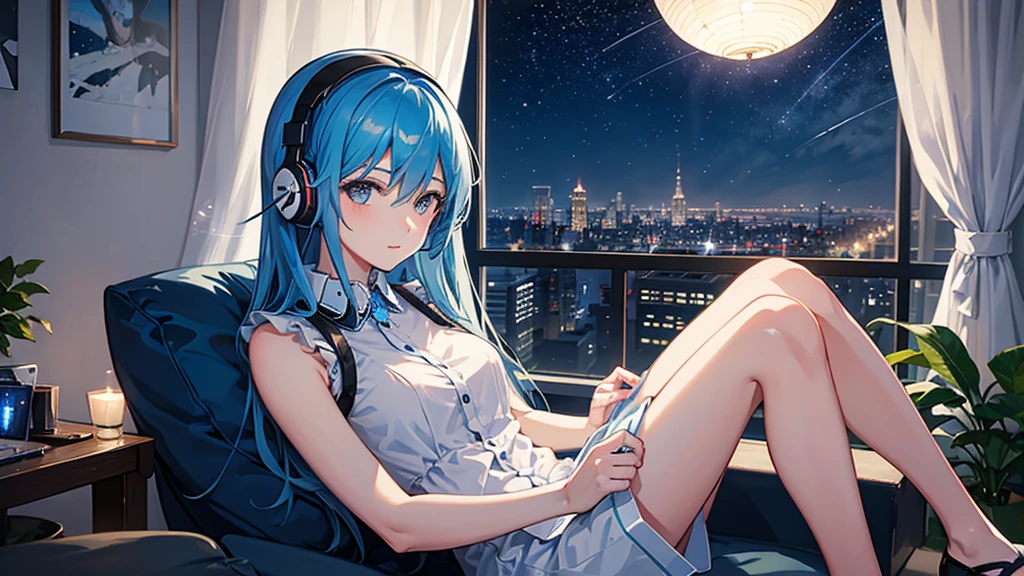 shooting star　By the window　Woman relaxing with a headset　Blue Hair　Beautiful night view