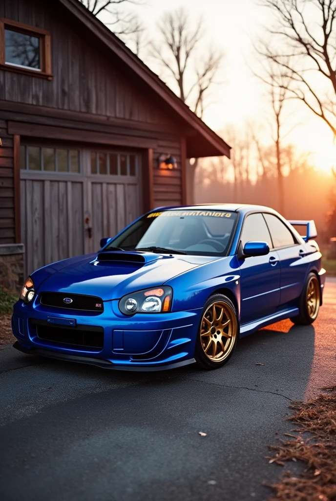 Subaru GC8 ,blue,Gold wheels, Park in front of the garage, At dawn, Realistic