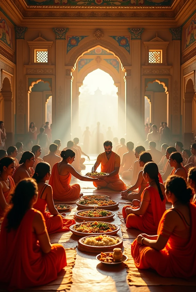 Hindu temple where 100 people sit-down & couple feeding everyone food