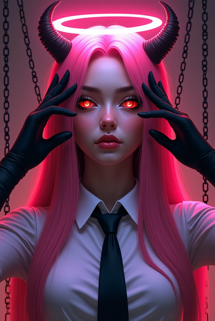 makiman,"A striking digital art portrait of a young woman with long, flowing pink hair, a glowing neon halo, and horns atop her head. Her intense red-orange eyes shine with a piercing, hypnotic gaze. She wears a white collared shirt and a black tie, projecting a powerful, confident presence. Black-gloved hands surround her, gently touching her head and shoulders, adding a sense of tension. The background is dark, with deep shades of purple and red, highlighting the chains crisscrossing behind her, creating a dramatic, otherworldly atmosphere."