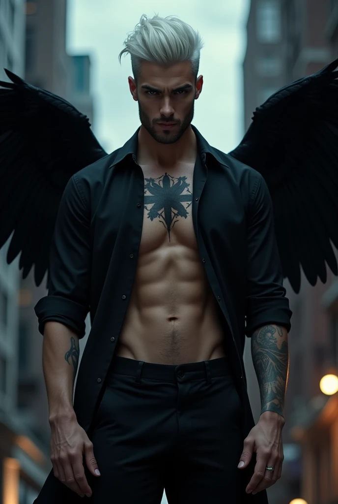 Create a Man character. Who is a fallen angel, with a black coat, he has black hair and fair skin. 
Behind him a dark hell portal 