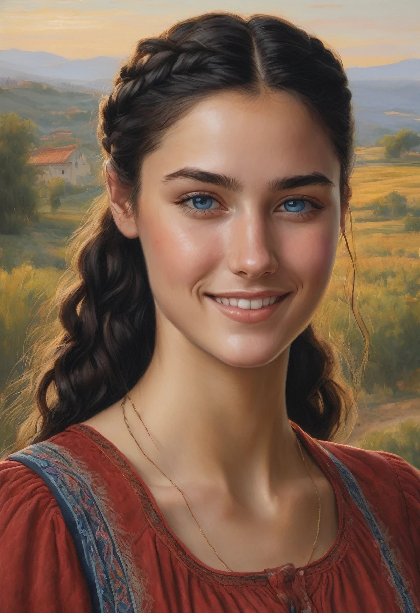 A highly realistic, detailed portrait of a young Italian woman with long, black hair braided into a ponytail. She has striking blue eyes and a beautiful, natural smile. The woman is not wearing any makeup, showcasing her natural beauty. She is dressed in a red shirt and a white skirt, standing in an outdoor setting during the golden hour. The background features a serene Italian countryside with soft, warm lighting casting gentle shadows, emphasizing the vibrant colors of her clothing and the rich details of her face and hair