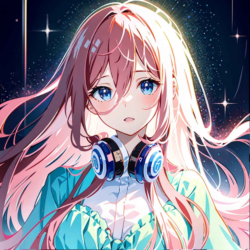 Pretty girl, headshot, nakano miku, iridescent organza dress, fluffy organza dress, veiled dress, extremely detailed, extremely pretty,, sparkling threads in hair, splendid, gorgeous, dramatic lighting, dusty pink brown red hair, blue eyes, 