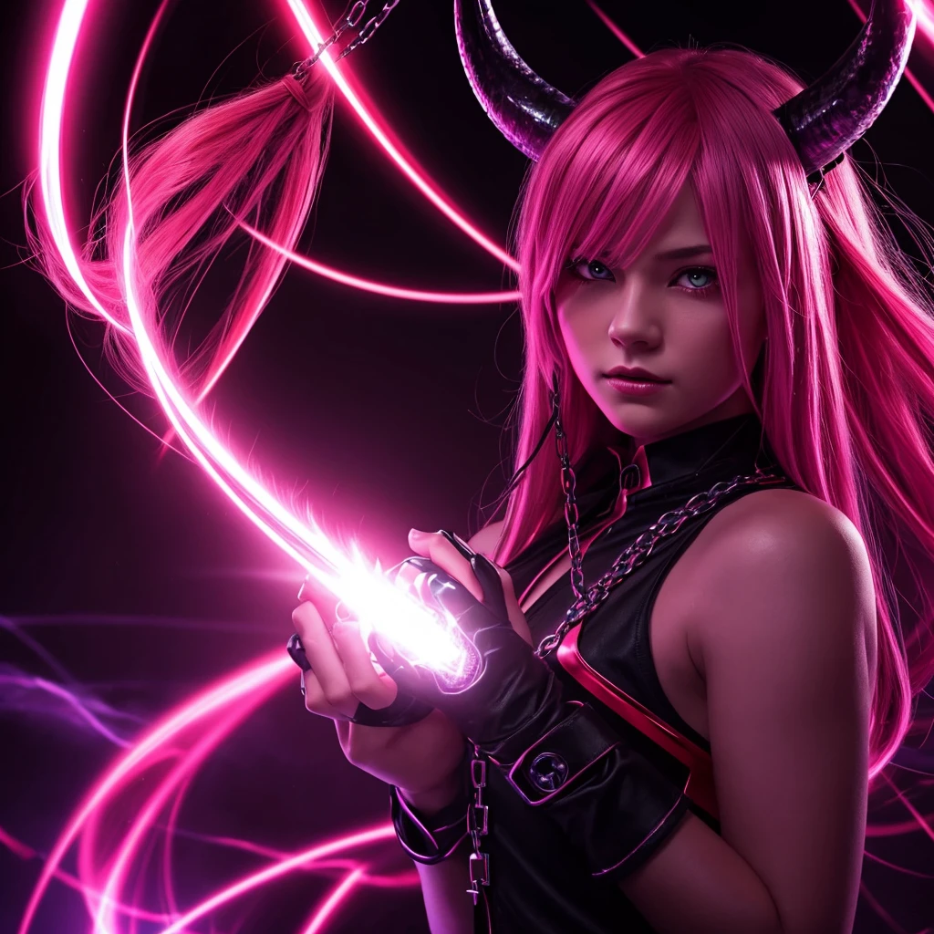 makiman,"A striking digital art portrait of a young woman with long, flowing pink hair, a glowing neon halo, and horns atop her head. Her intense red-orange eyes shine with a piercing, hypnotic gaze. She wears a white collared shirt and a black tie, projecting a powerful, confident presence. Black-gloved hands surround her, gently touching her head and shoulders, adding a sense of tension. The background is dark, with deep shades of purple and red, highlighting the chains crisscrossing behind her, creating a dramatic, otherworldly atmosphere."