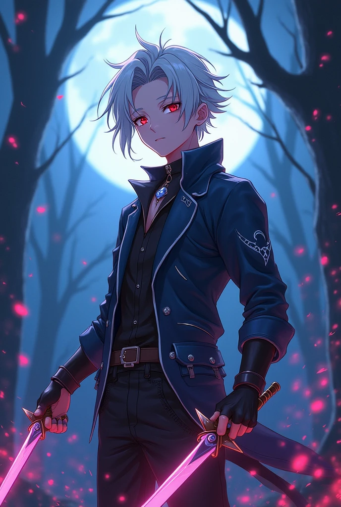 vampire boy,of 18 years , silver hair red eyes,two daggers,adventurer clothing, white skin and kind face,anime